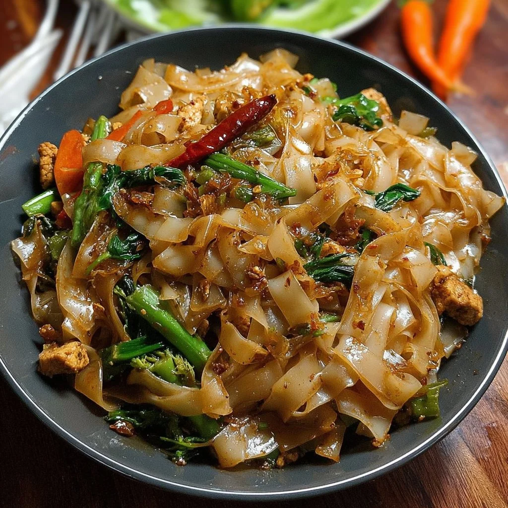 Plate of street style Thai drunken noodles with colorful vegetables and spices