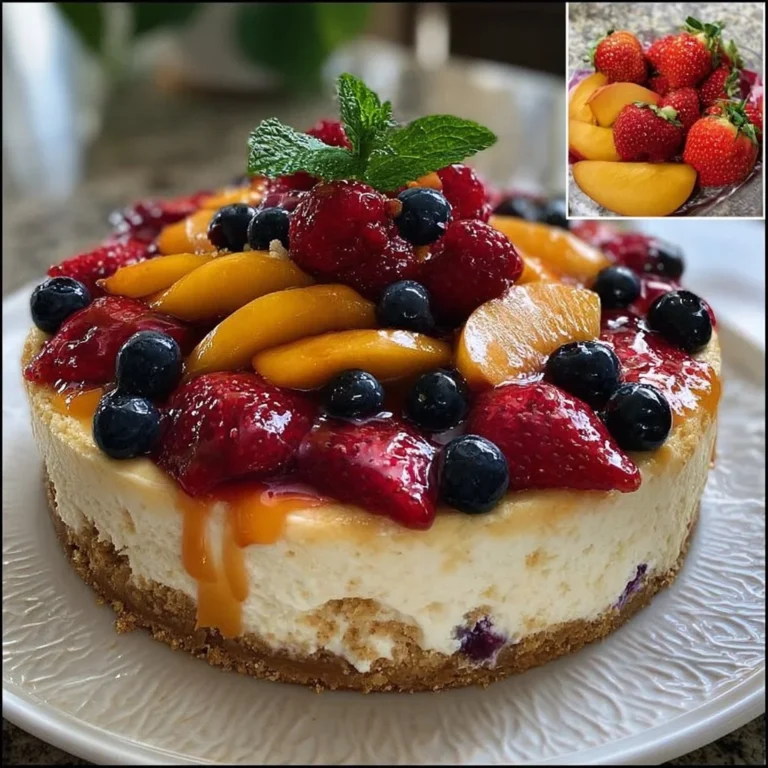 Summer berry and peach cheesecake with fresh fruits and creamy filling