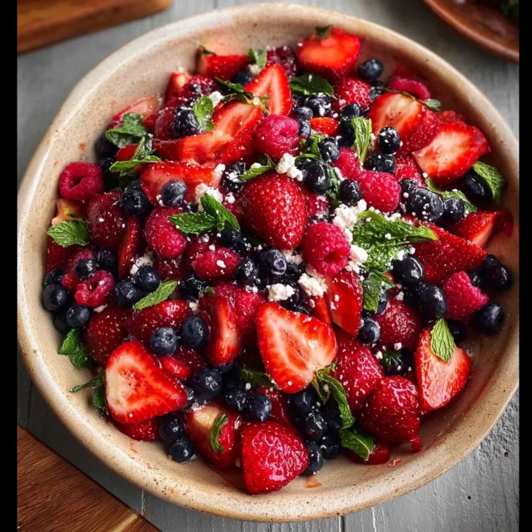 A colorful bowl of summer strawberry and blueberry salad with fresh greens.