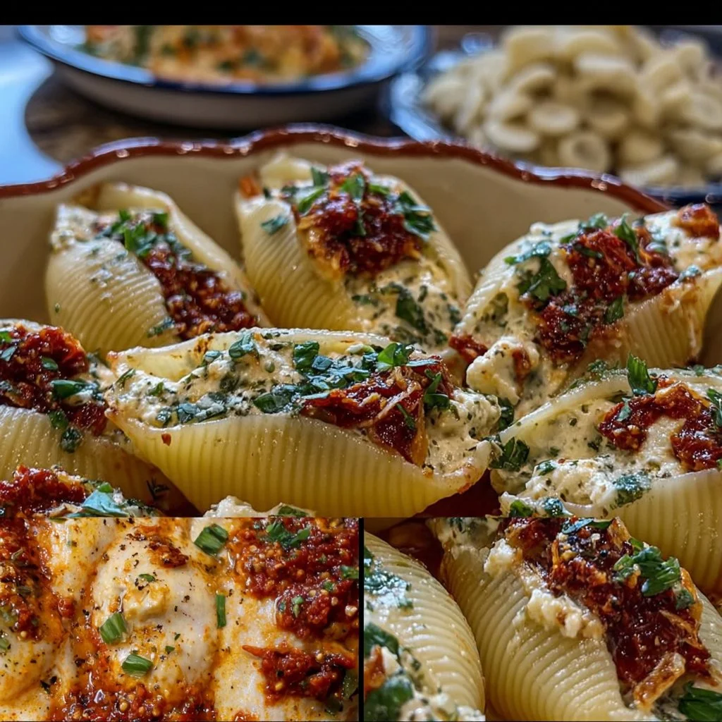 Sun-Dried Tomato Ricotta Stuffed Shells topped with fresh basil and parmesan