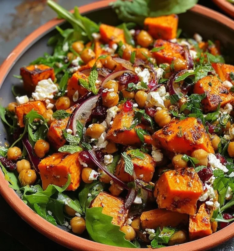 Sweet potato and chickpea salad topped with feta and herbs in a bowl