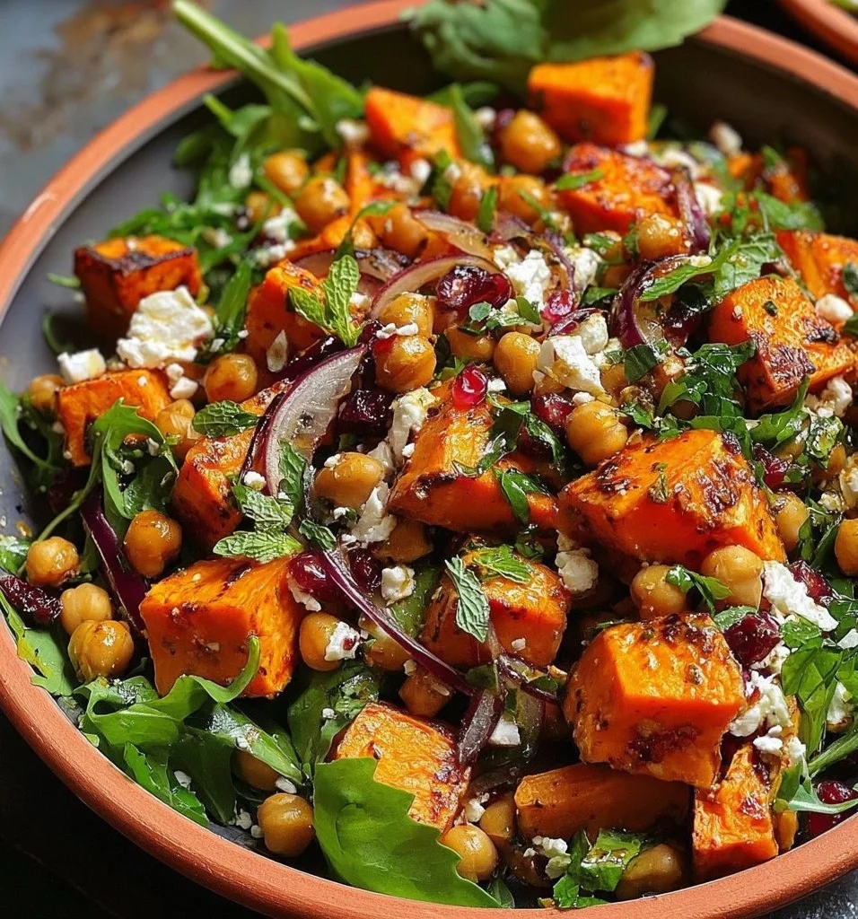 Sweet potato and chickpea salad topped with feta and herbs in a bowl