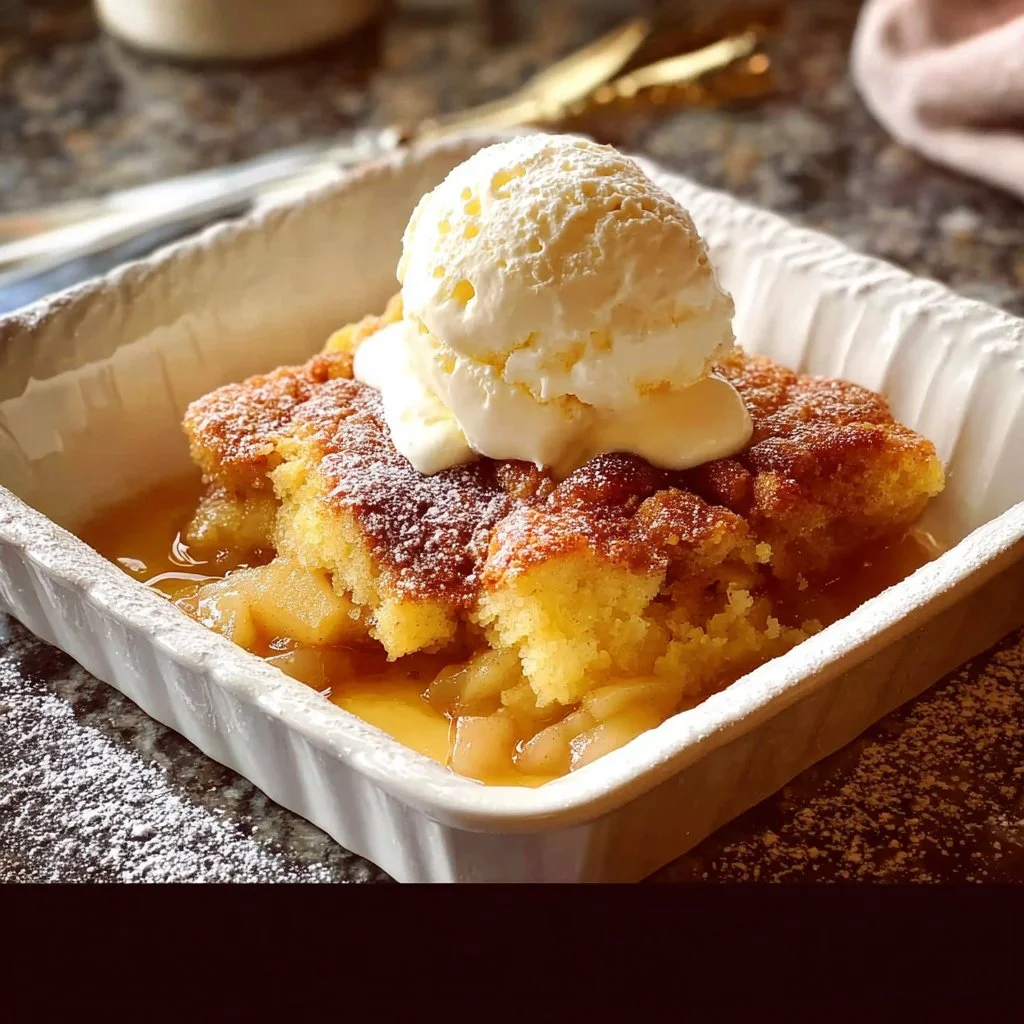 3 ingredient apple cobbler dessert recipe with fresh apples and a golden crust