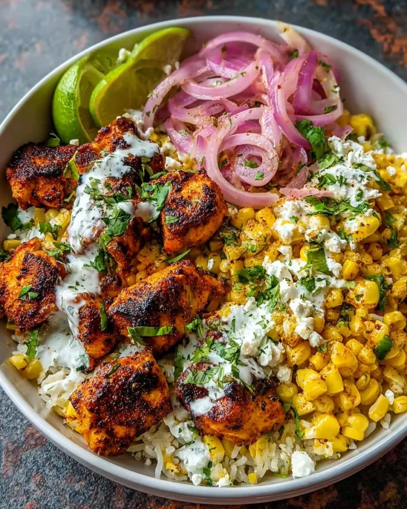 Delicious street corn chicken bowl with grilled chicken and creamy toppings