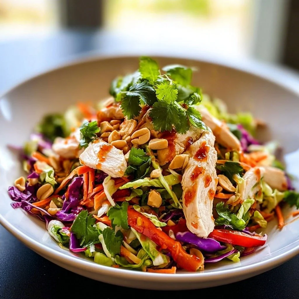Delicious and colorful Thai Chicken Salad garnished with fresh herbs and vegetables.