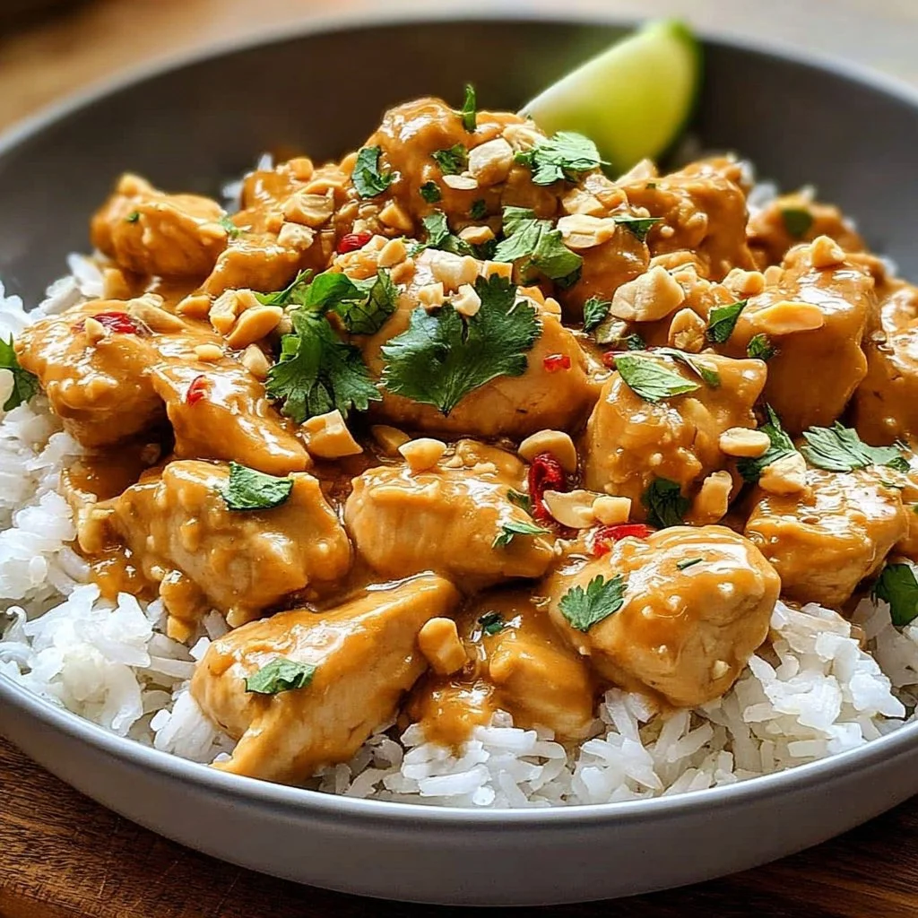 Plate of Thai Peanut Chicken garnished with herbs and served with rice
