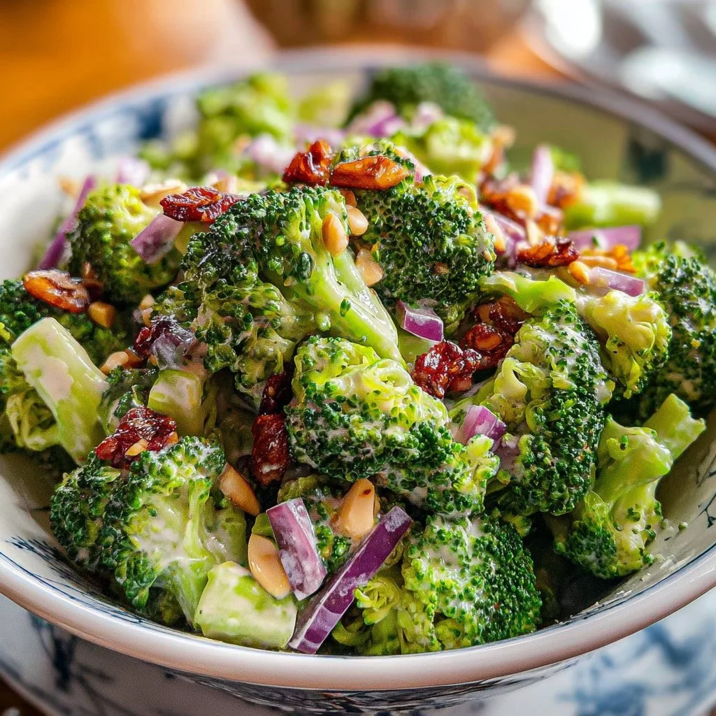 Delicious broccoli salad with colorful ingredients in a vibrant bowl.