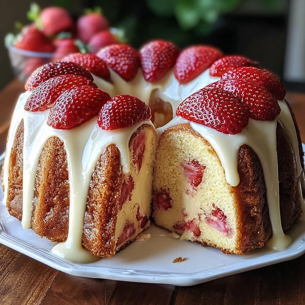 Slice of strawberry cream cheese pound cake on a dessert plate