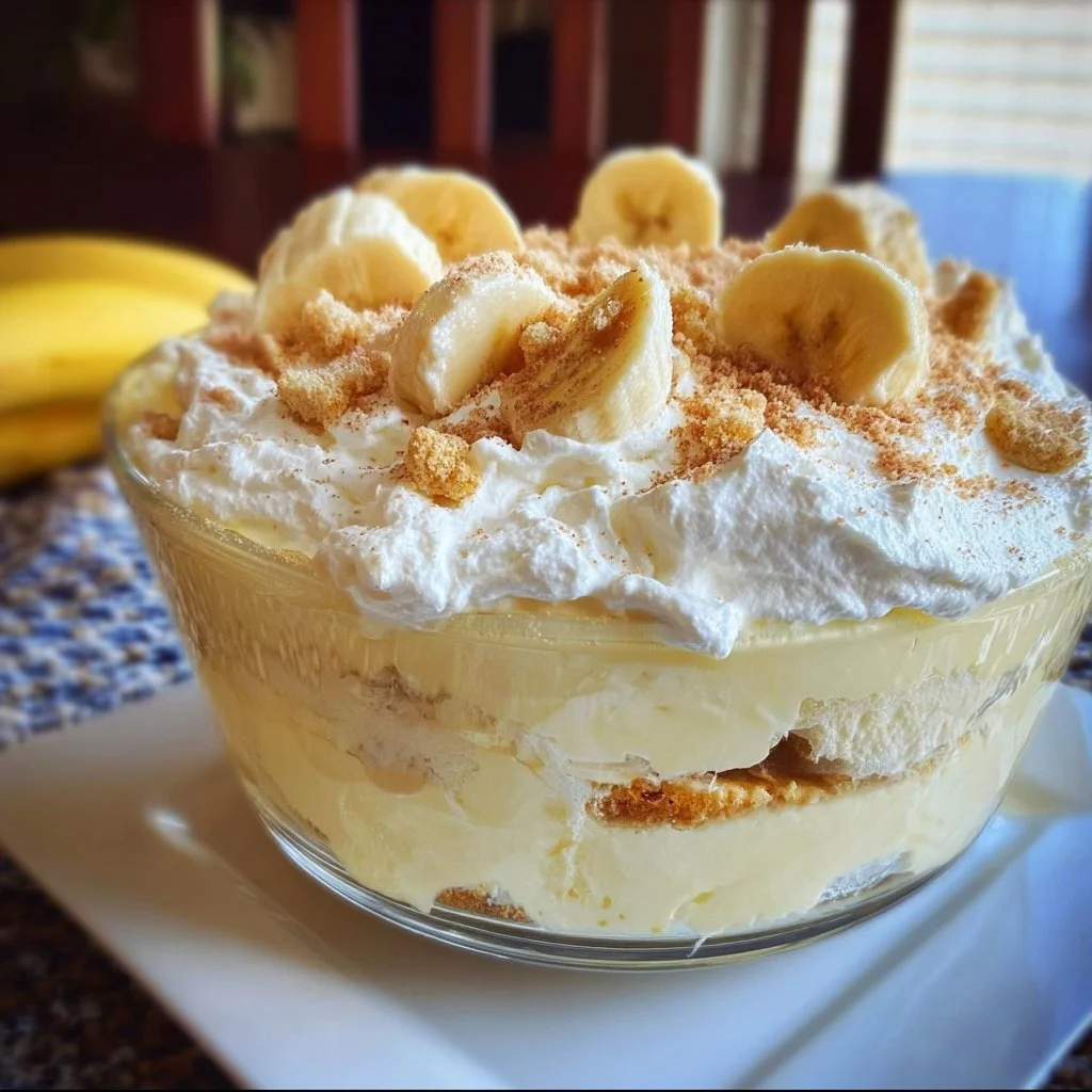 Delicious homemade banana pudding topped with whipped cream and bananas