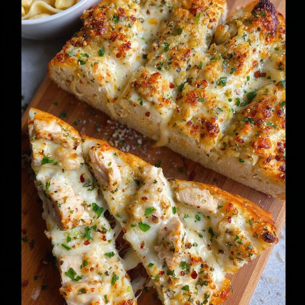 Viral chicken alfredo garlic bread topped with creamy sauce and herbs.