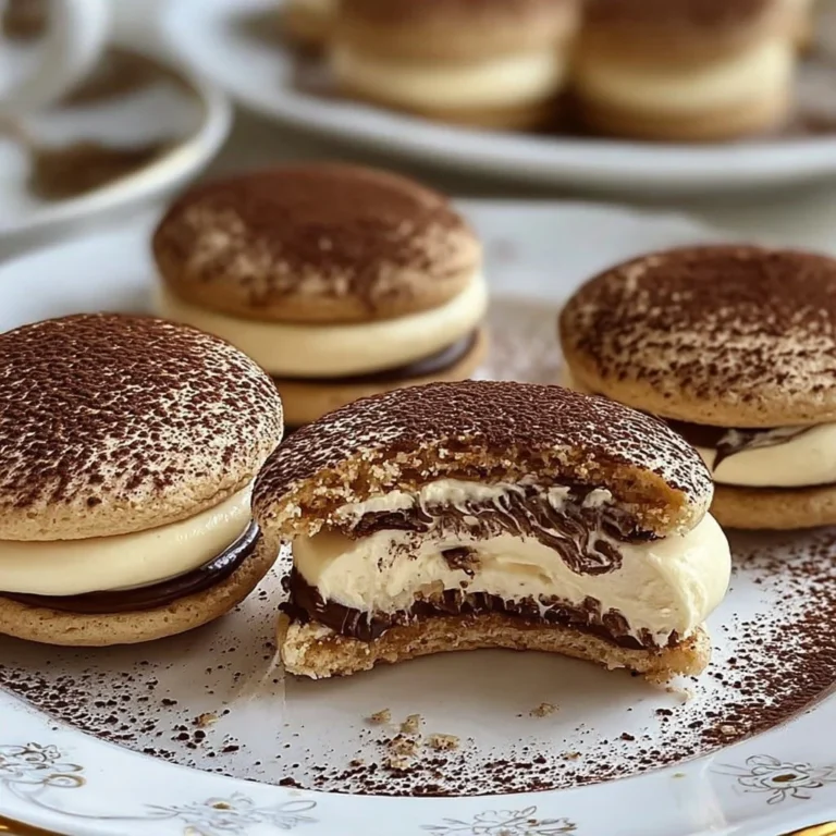 Decadent tiramisu sandwich cookies stacked on a plate, drizzled with cocoa.