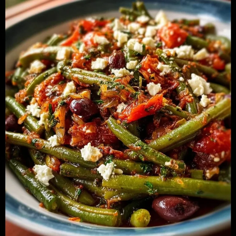 Plate of traditional Greek green beans fasolakia with tomatoes and herbs