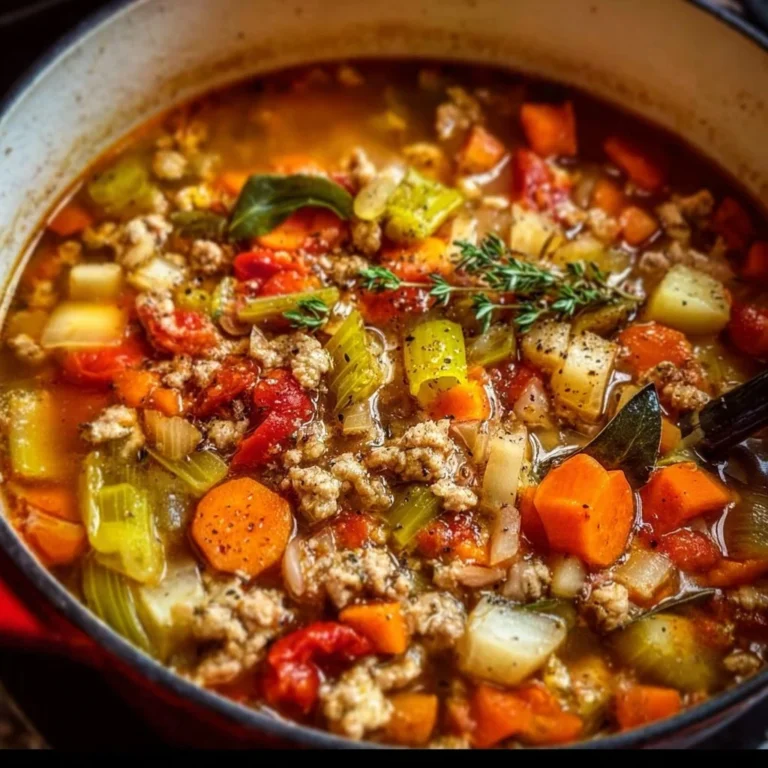Bowl of delicious Turkey Vegetable Soup with fresh vegetables and herbs.