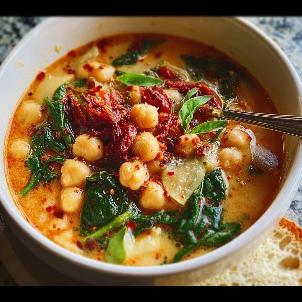 Bowl of hearty Tuscan Garbanzo Bean Soup with fresh herbs and spices