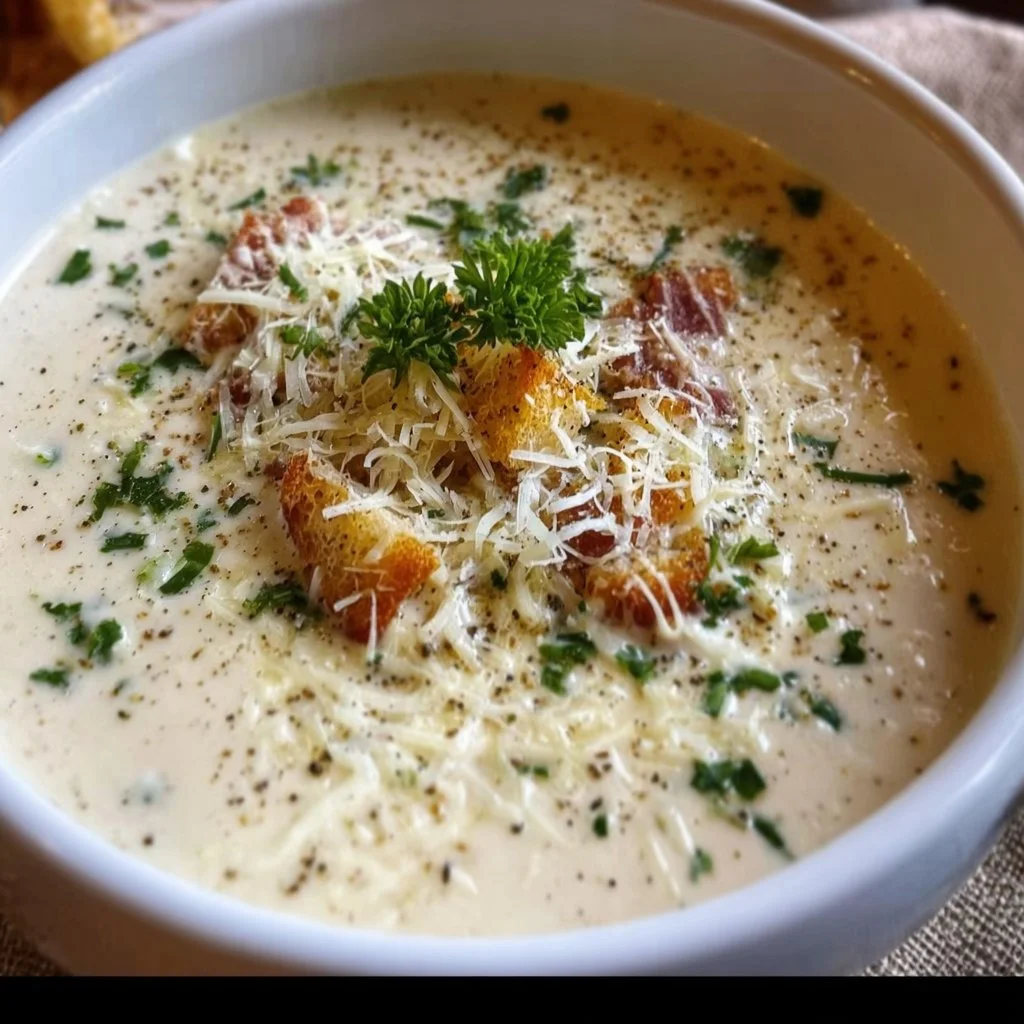 Bowl of Tuscan Parmesan Cream Soup with herbs and bread