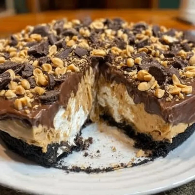 Deliciously creamy peanut butter pie topped with chocolate drizzle
