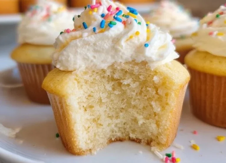 Delicious vanilla birthday cupcakes topped with creamy frosting and sprinkles