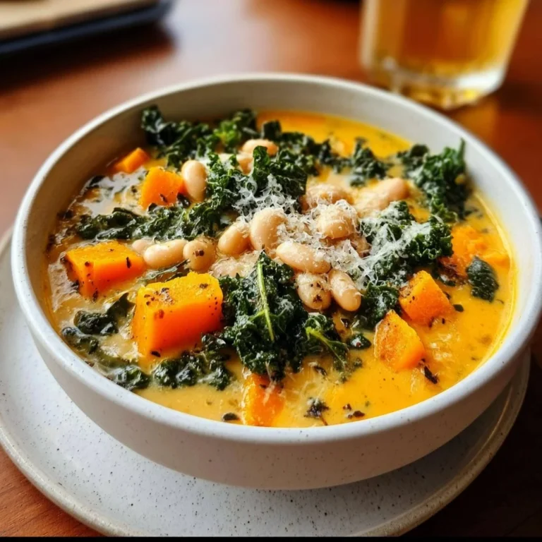 Vegan butternut squash soup with kale and white beans in a bowl