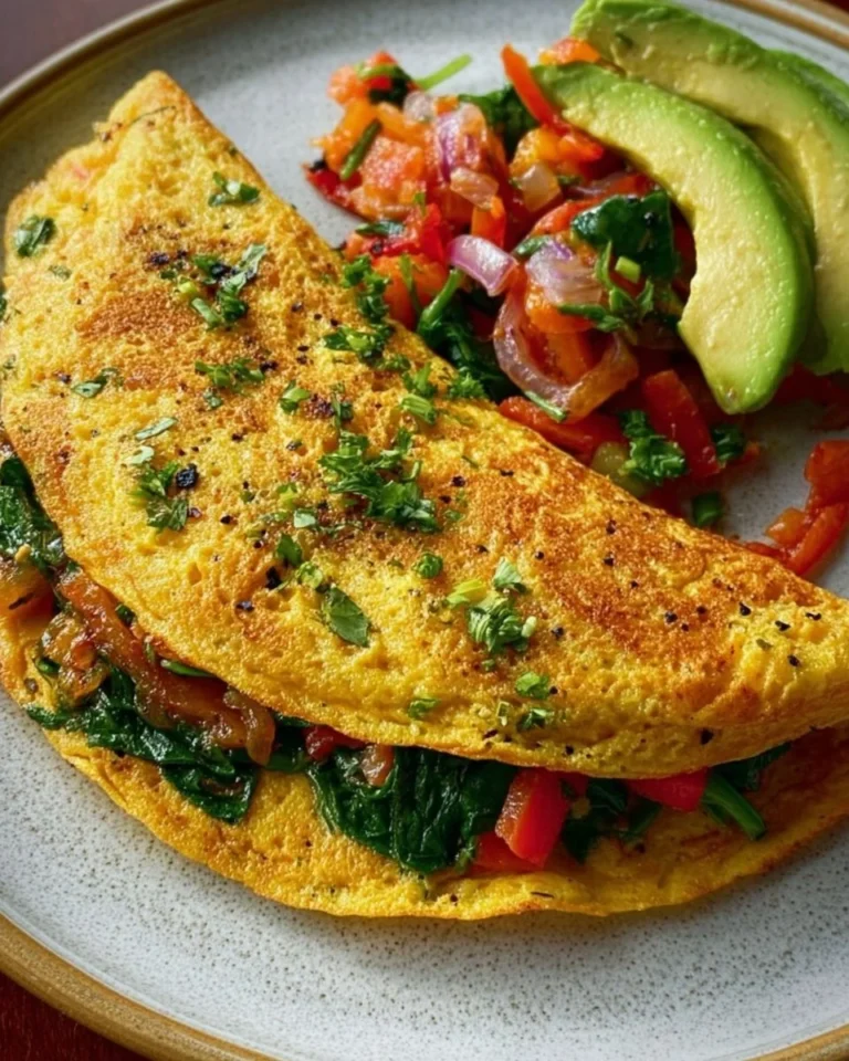 Vegan chickpea flour omelette with colorful sautéed vegetables on a plate