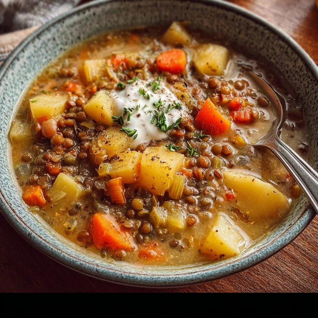 Bowl of hearty Vegetarian Lentil Soup garnished with fresh herbs