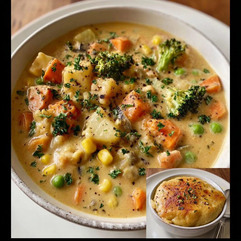 Bowl of delicious Veggie Pot Pie Soup garnished with herbs