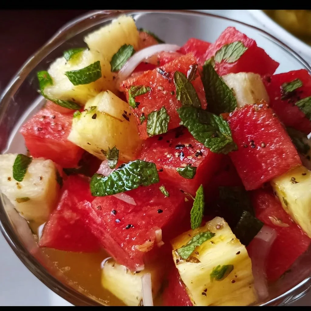 A colorful bowl of Watermelon Pineapple Salad with mint garnish.