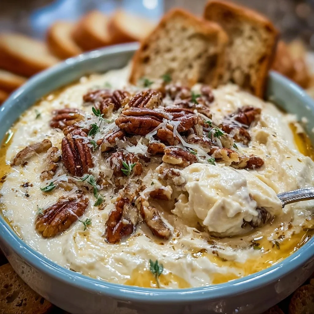 Whipped Parmesan and Honey Pecan Cheese Dip served in a bowl with crackers.