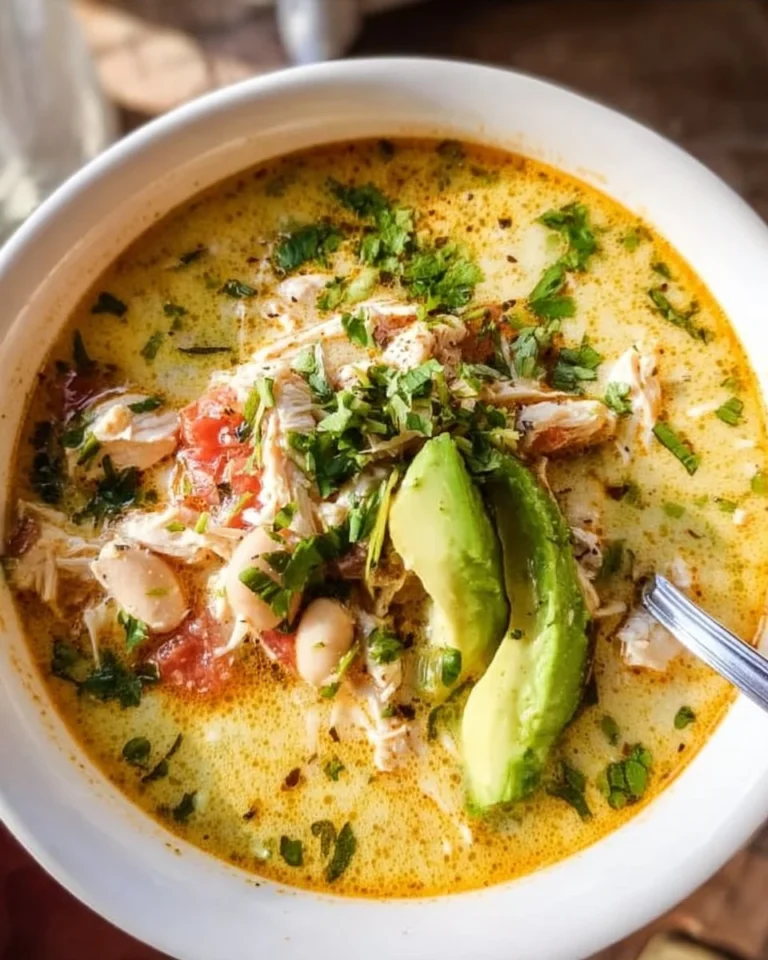 Bowl of creamy white chicken chili topped with cilantro and jalapeños.