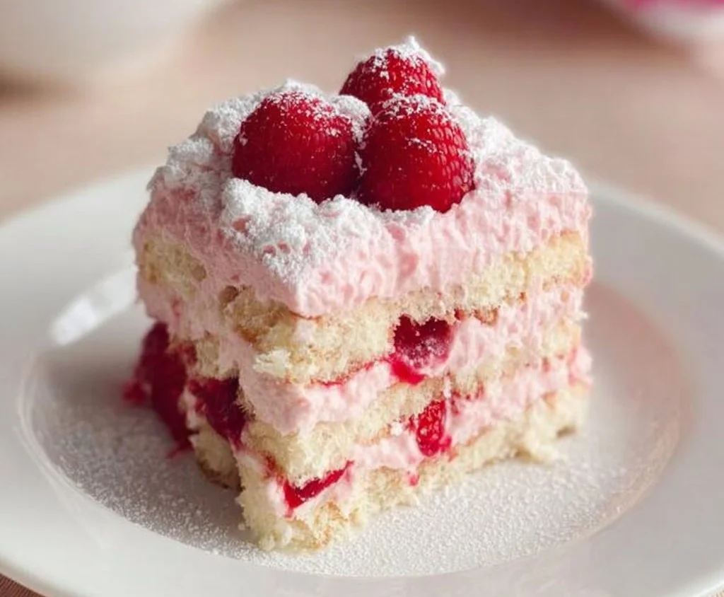 Delicious white chocolate raspberry tiramisu served on a plate with fresh raspberries