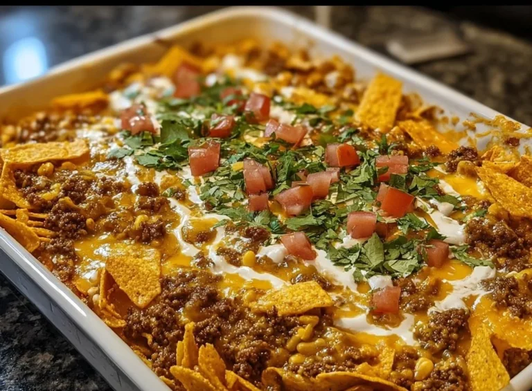 Delicious white trash casserole topped with Doritos in a baking dish