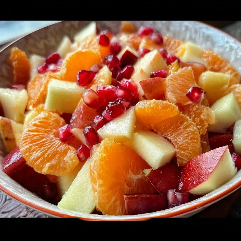 Bowl of winter fruit salad with cinnamon vanilla dressing