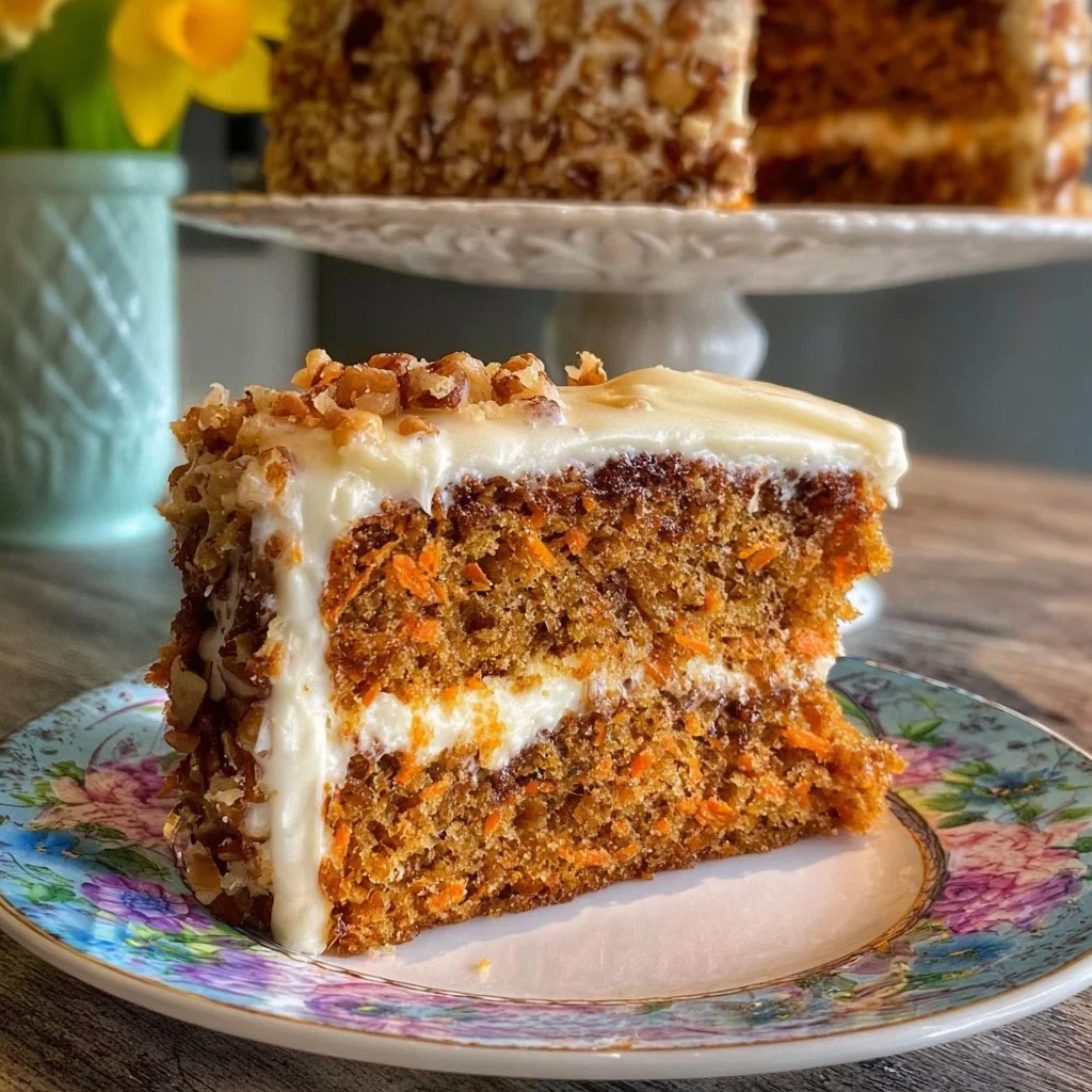 Slice of the world's best carrot cake with cream cheese frosting