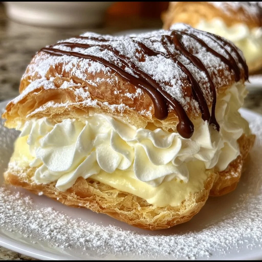 Delicious cream puff cake topped with cream and chocolate