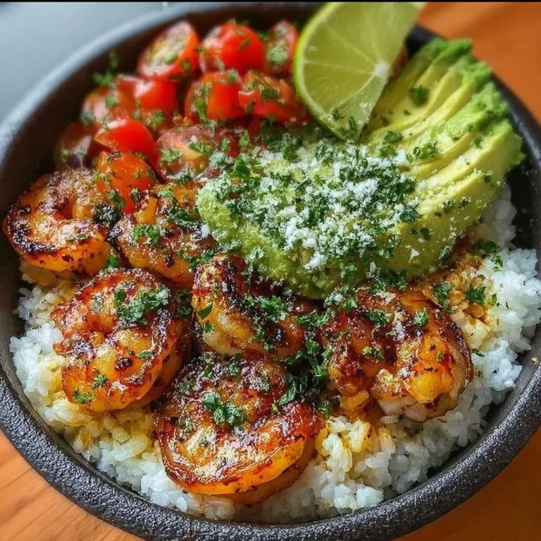 Zesty lime shrimp served over coconut rice in a colorful bowl