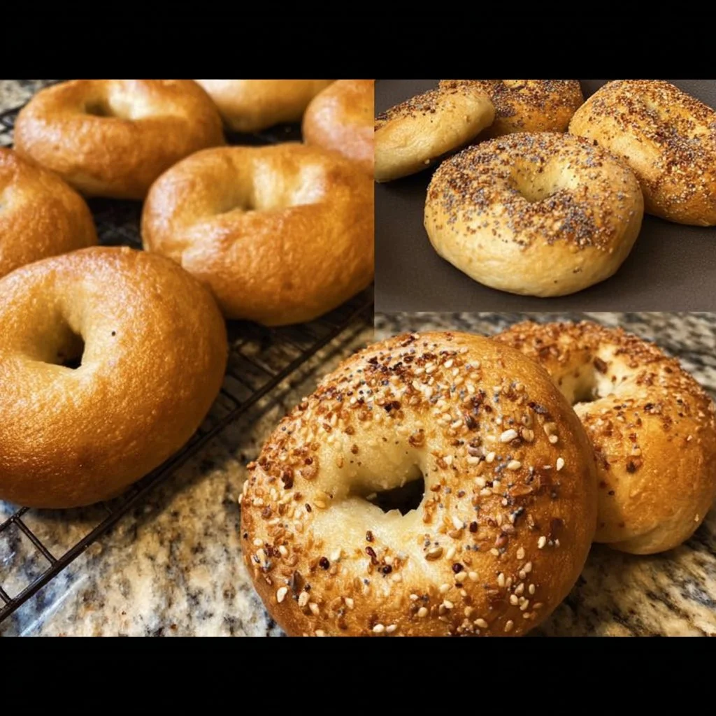 A variety of freshly baked bagels topped with cream cheese and vegetables
