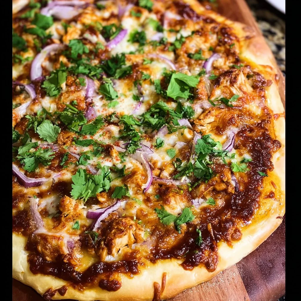 BBQ Chicken Pizza with grilled chicken, BBQ sauce, and melted cheese on a crispy crust