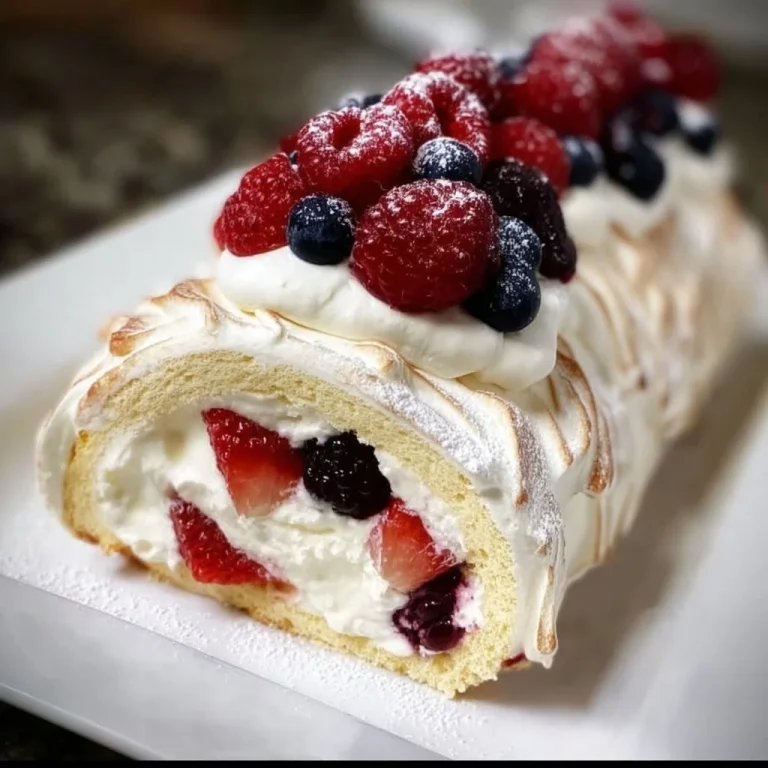 Slice of berry meringue roulade with fresh berries and cream filling