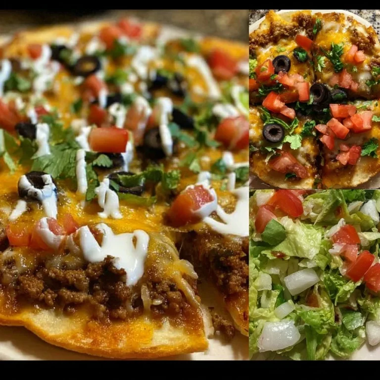 Delicious taco pizza topped with spices, cheese, and fresh ingredients.