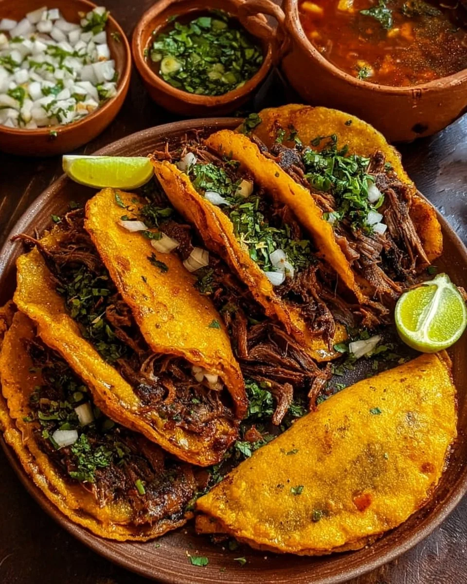 A plate of flavorful Birria Tacos garnished with fresh cilantro and onions.