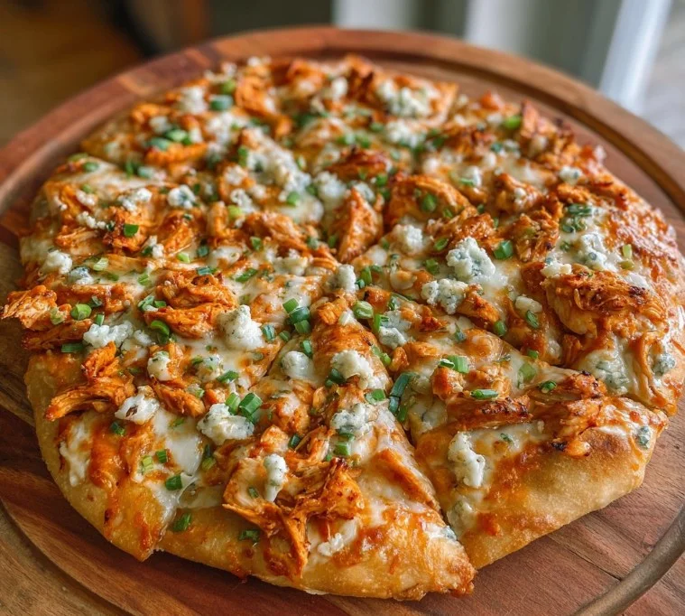 Delicious homemade Buffalo Chicken Pizza topped with spicy sauce and chicken