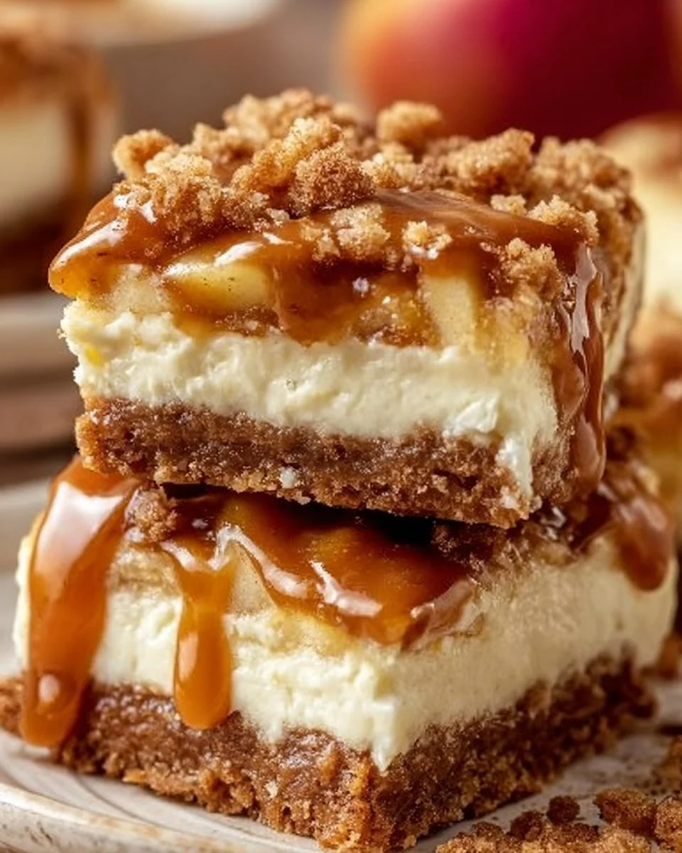 Delicious Caramel Apple Cheesecake Bars with caramel drizzle and apple slices