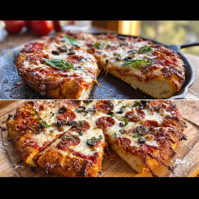 Delicious cast iron pizza with a crispy crust and fresh toppings.
