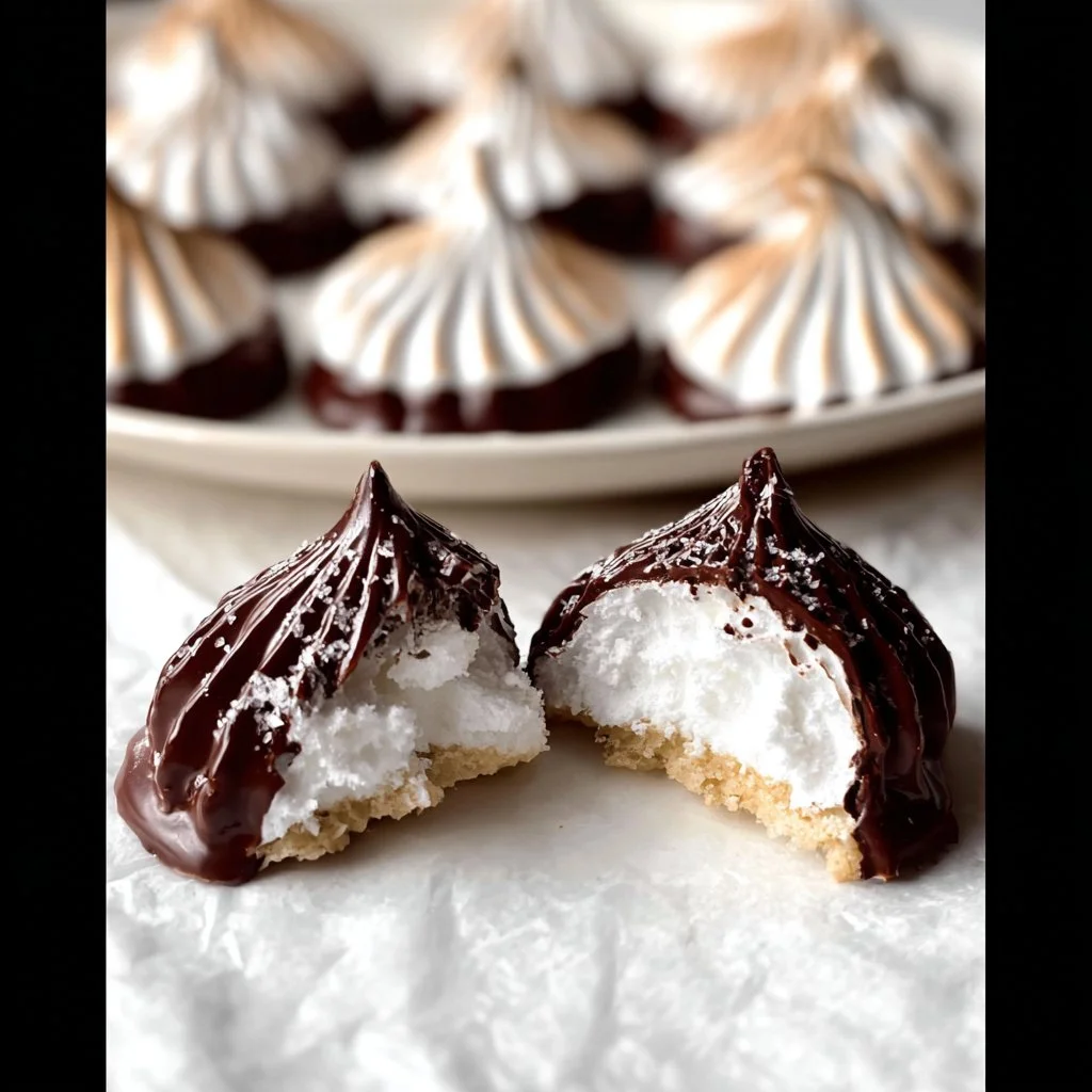 Chocolate Dipped Meringue Cookies freshly baked and ready to enjoy.