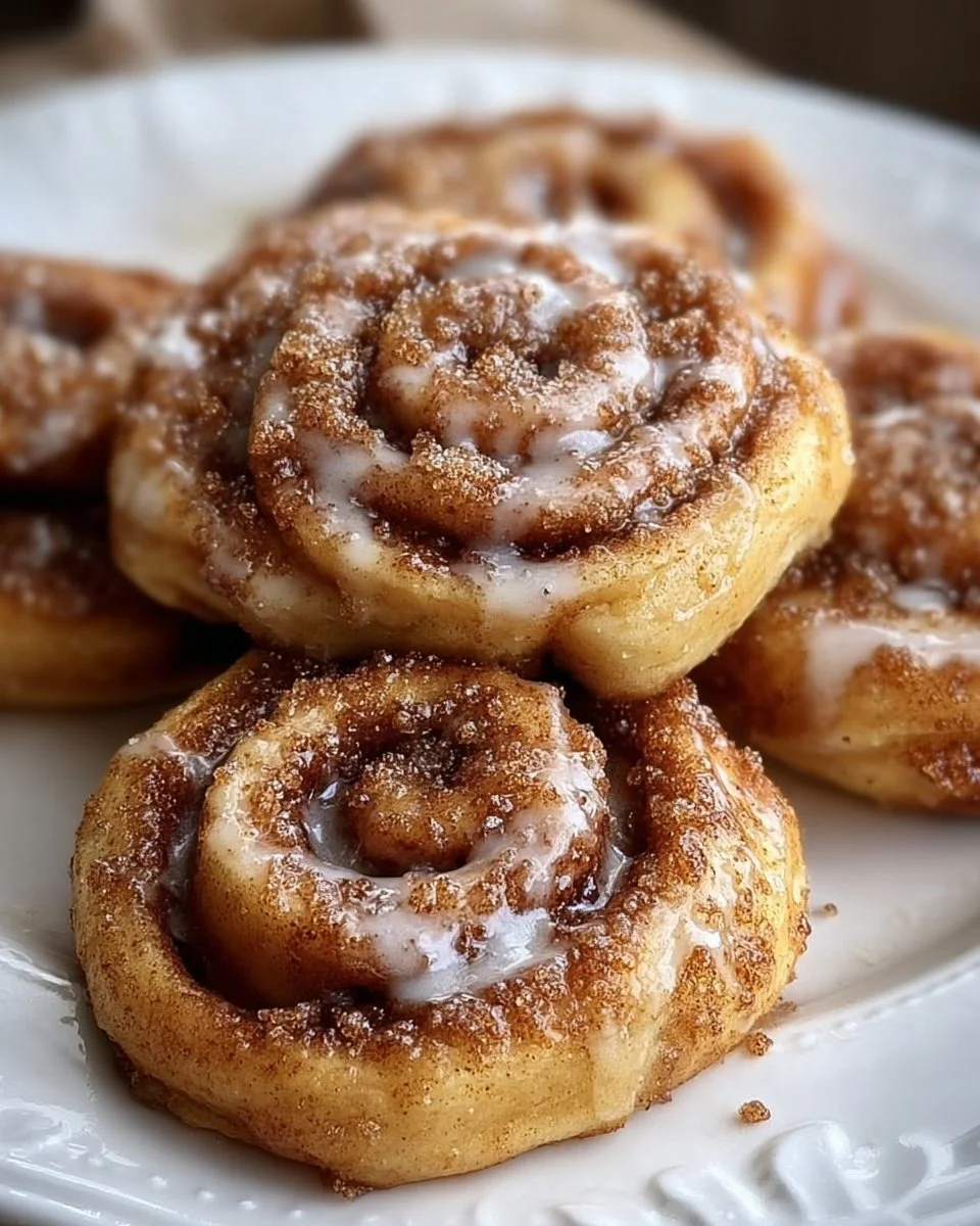 Freshly baked cinnamon roll cookies with icing on a cooling rack.