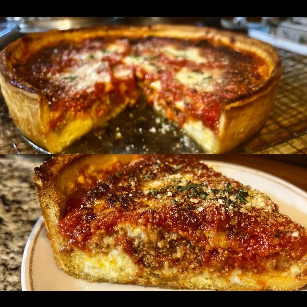 Classic Chicago deep dish pizza with layers of cheese and toppings