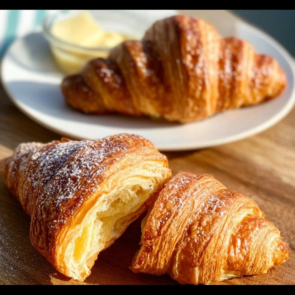Freshly baked Cornetti, the Italian croissants, on a rustic wooden table.