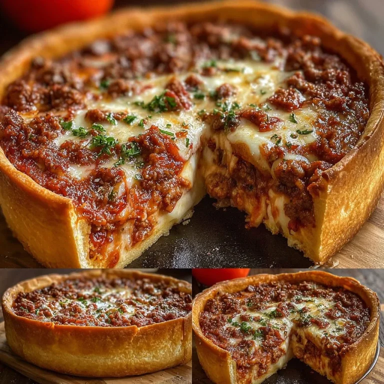 Deep dish meat lover’s pizza pie topped with various meats and cheese.