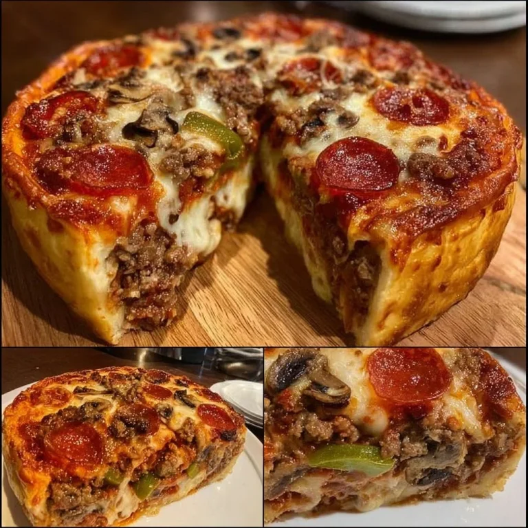 Homemade deep-dish pizza pie with layers of cheese, sauce, and toppings.