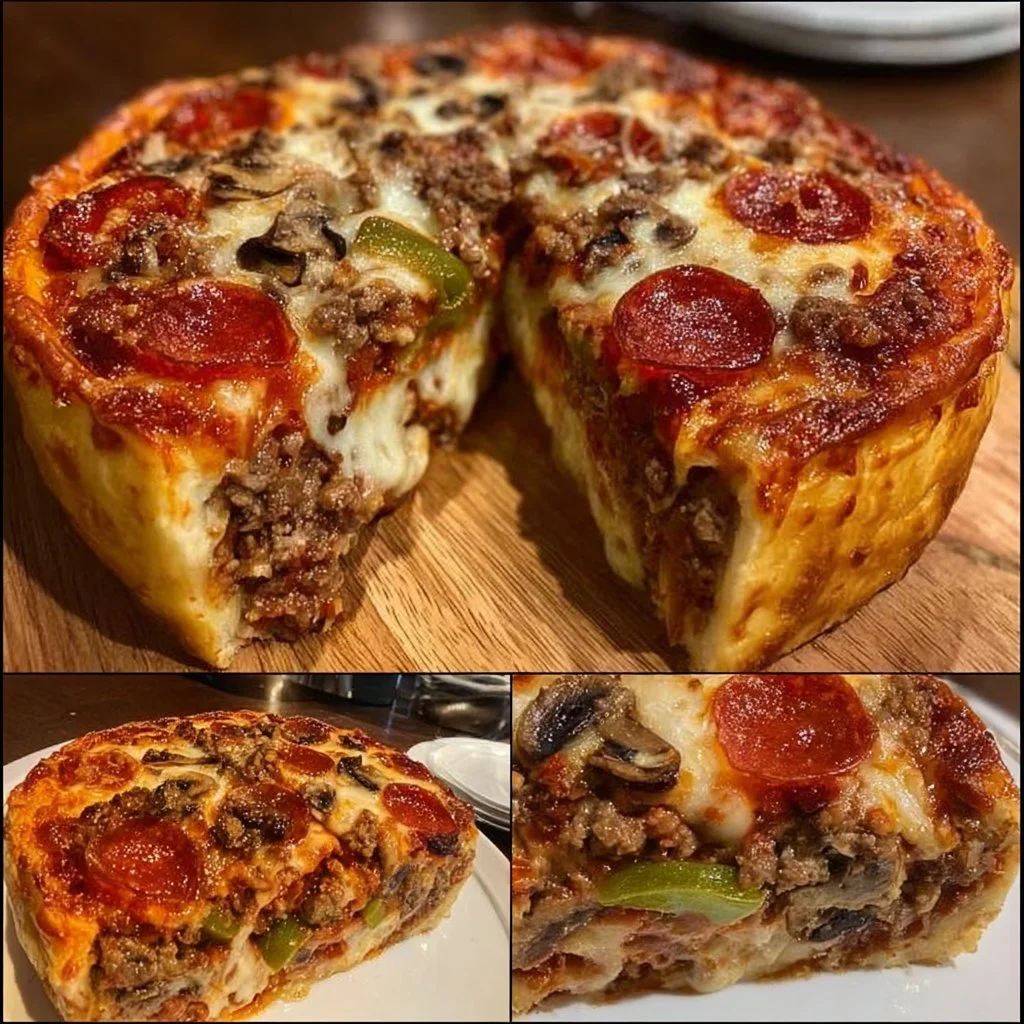 Homemade deep-dish pizza pie with layers of cheese, sauce, and toppings.