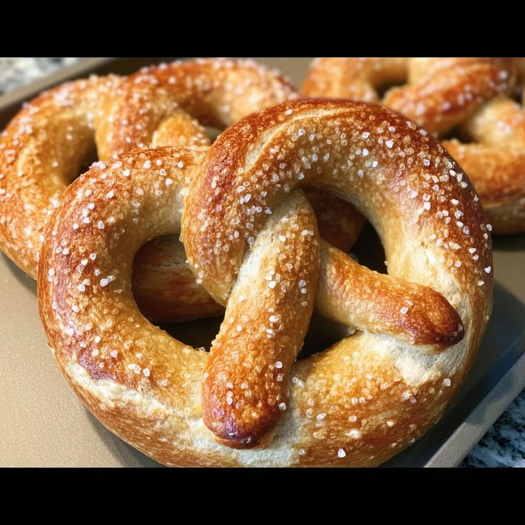 Homemade soft pretzels fresh out of the oven, golden brown and fluffy.